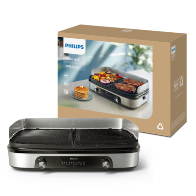 Grill elektrik Philips HD6222/90, pllaka të kthyeshme, temperaturë e rregullueshme, gri