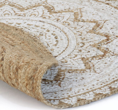 Kilim rrethor Area Rug Braided Jute, prej jute, dizajn Mandala, bezhë e bardhë
