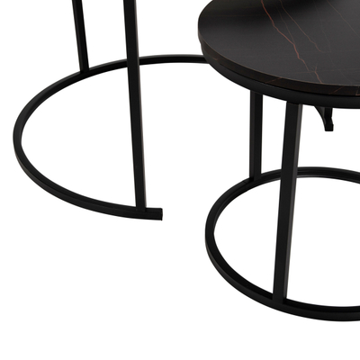 Tavolinë për kafe 2-pjesësh MDF marble mix & këmbë të zeza Φ80–48 cm (HM8763.14), zezë