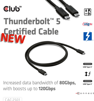 Kabllo USB C Club3D CAC-2501, Thunderbolt 5, 1m, 240W, e zezë