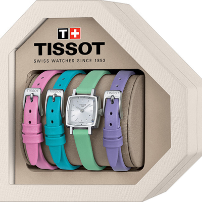 Set për femra Tissot T-Lady Lovely Square Summer Set, orë dore + rripa shtesë, e gjelbër/rozë/vjollcë/kaltër