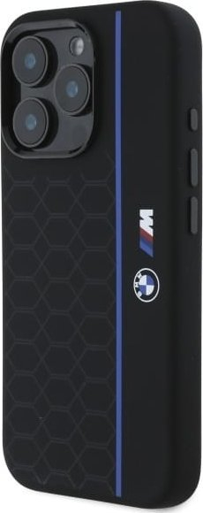 Kapak telefoni BMW Silicone Hexagon Blue Line për iPhone 16 Pro Max 6.9", me MagSafe, i zi