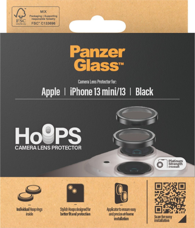 Mbrojtëse lente kamere PanzerGlass Hoops për iPhone 13 mini dhe 13, xham i fortë, e zezë