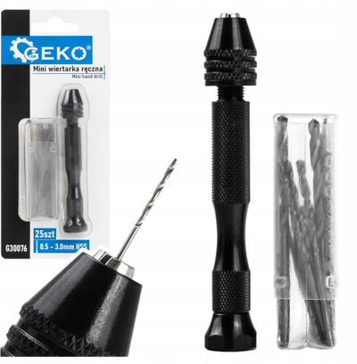 Trapan dorë mini Geko me set 25 copë bita HSS, 0.5-3.0 mm, i zi