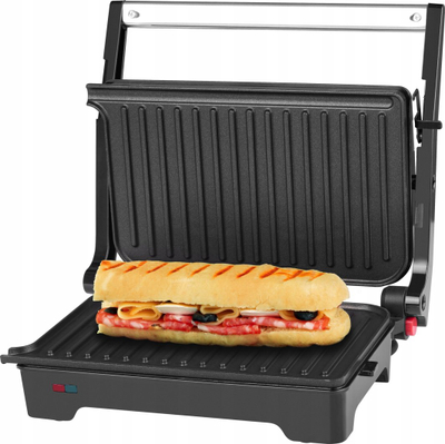 Toster për sanduiçe ECG S 2070 Panini, 1200W, sipërfaqe mos-ngjitëse, i zi me argjend