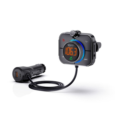 Transmetues FM për veturë Savio TR-14, Bluetooth 5.0, dy dalje të shpejta karikimi, i zi