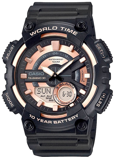 Orë dore Casio AEQ-110W-1A3VDF, analoge-digitale, quartz, 10 ATM, e zezë me rose gold