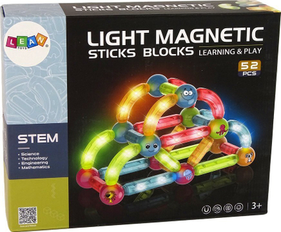 Lodër magnetike LEAN Light Magnetic Sticks Blocks, 52 copë, me drita LED, shumëngjyrëshe