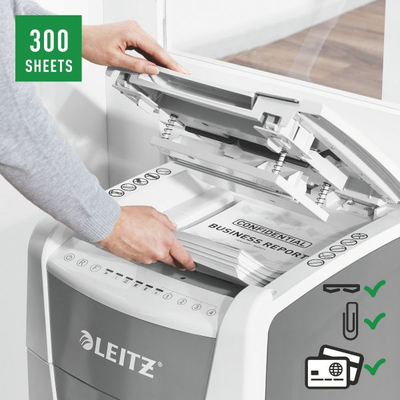 Shredder Leitz IQ Office 300 P4, automatike, niveli sigurie P4, i bardhë