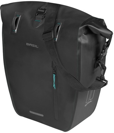 Çantë anësore biçiklete Basil Rivo Tarpaulin MIK Hooks, 25–31L, e papërshkueshme nga uji, e zezë
