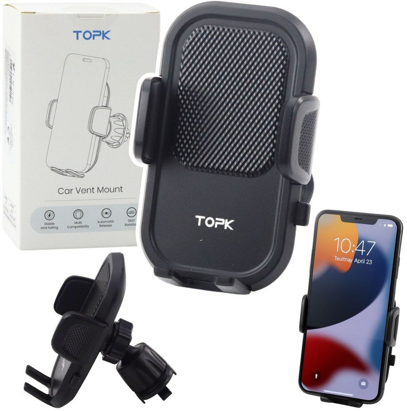 Mbajtës telefoni për veturë TOPK Car Air Vent Mount, krahë të rregullueshëm, montim në grilë ajri, i zi