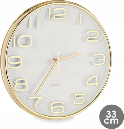 Orë muri Gold Wall Clock, diametër 33 cm, me numra në reliev, ngjyrë ari champagne