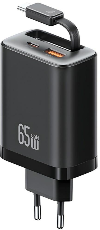 Karikues USB Usams CC299 Xiang Series, 65W GaN, me kabllo Type C tërheqëse, i zi