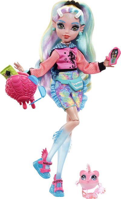Kukull Monster High Lagoona Blue, set me gjëra shtesë, me peshkun Neptuna, shumëngjyrëshe