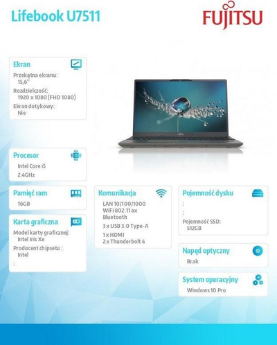 Laptop Fujitsu Lifebook U7511, 15.6 ", Full HD, Intel Core i5, 16 GB RAM, 512 GB SSD, Windows 10 Pro, i zi / hirtë