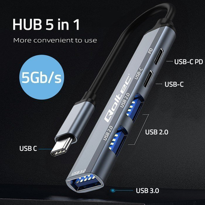 USB HUB Qoltec 5 në 1, USB C 3.1, PD, gri