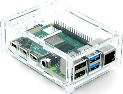Kuti Raspberry Pi 4 Model B, me mbajtëse kamere, transparente