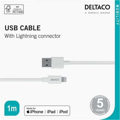 Kabllo USB Deltaco IPLH-401, USB A në Lightning, 1 m, e bardhë