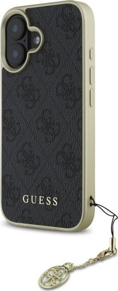 Këllëf telefon Guess 4G Charms, për iPhone 16 Plus 6.7", lëkurë eco, i zi