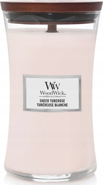 Qiri aromatik WoodWick Sheer Tuberose, kavanoz i madh, 609 g, rozë e hapur