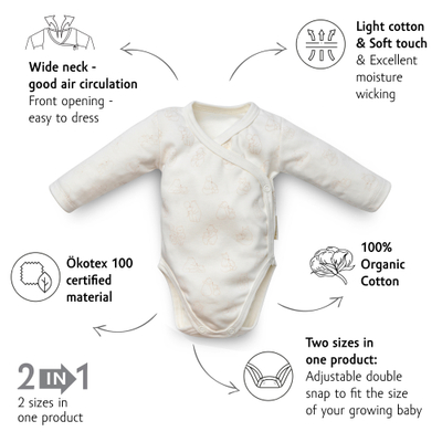 Body për bebe Kenguru Gold Benkica, 100% pambuk organik, mëngë të gjata, ngjyrë krem