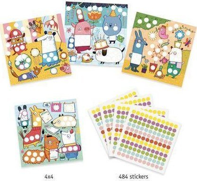 Set kreativ me ngjitësa Djeco With Coloured Dots, 16 figura, 484 ngjitësa, shumëngjyrëshe