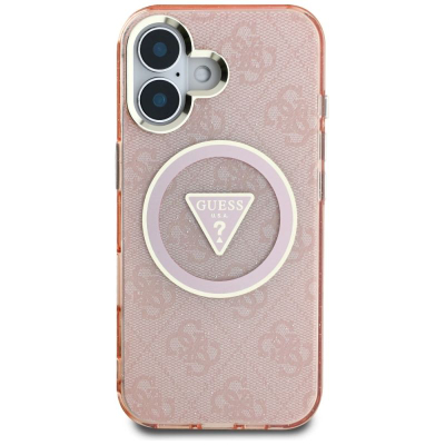 Футрола за телефон Guess IML Metal Glitter 4G Triangle MagSafe за iPhone 16 6.1", розова