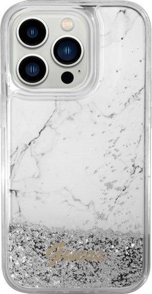 Mbulesë telefoni Guess GUHCP14LLCSGSGH për iPhone 14 Pro, Liquid Glitter Marble, e bardhë