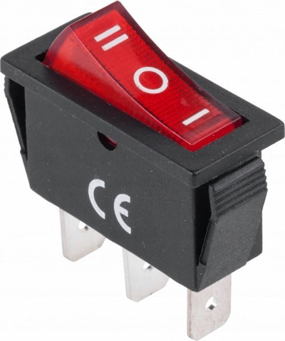 Çelës lëkundës i ndriçuar ON OFF ON, 230V, 15A, i zi i kuq