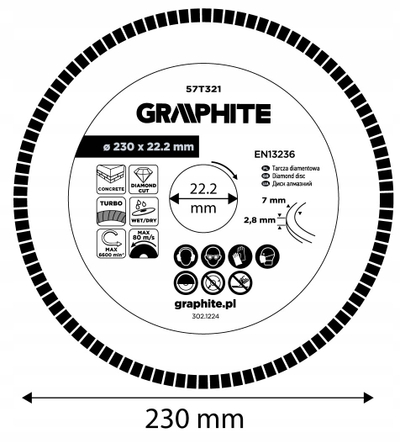 Disk prerës diamanti Graphite 57T321, turbo, 230 x 22.2 mm, i argjendtë