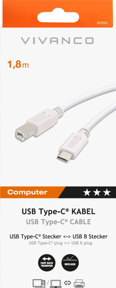 Kabllo printeri Vivanco USB Type C në USB B, 1.8m, e bardhë