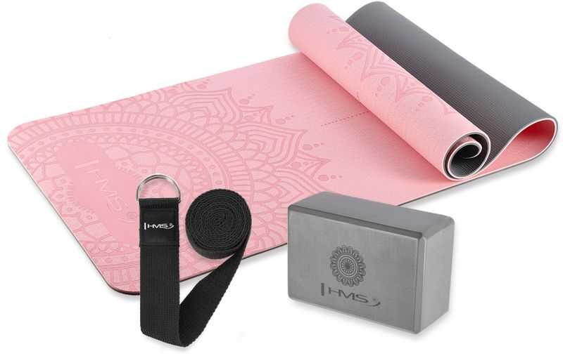 Set joga me tapet TPE 182x61x0.8cm, bllok dhe rrip, rozë