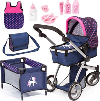 Karrocë lodër për kukulla Bayer Dolls Pram Stroller, me gjëra shtesë, për kukulla deri 18\", shumëngjyrëshe