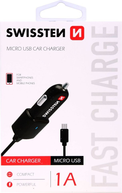Полнач за автомобил Swissten, 1A, microUSB, црн
