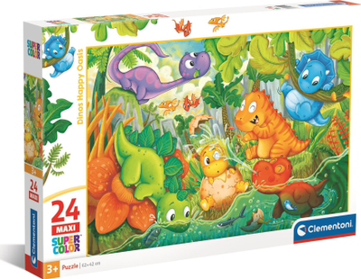 Puzzle Clementoni Dinos Happy Oasis, 24 pjesë maxi, 62x42 cm, shumëngjyrësh