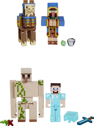 Set figurina Minecraft Craft-a-Block, 4 pako me nga 2 figurina, rreth 8 cm, me ngjyra