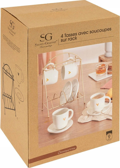 Set filxhanësh me raft Secret de Gourmet The Floral, 4x17cl, me pjatëza, i bardhë