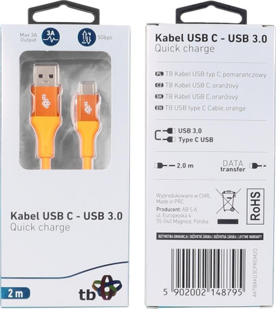 Kabllo USB TB Print USB A në USB C, 2 m, portokalli