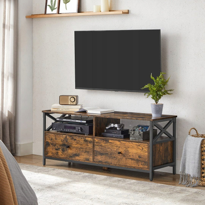 Komodinë TV industriale rustic, për TV deri 55", me sirtarë dhe rafte, ngjyrë dru me hekur të zi