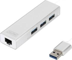 USB хаб Дигитус ДА-70250-1, УСБ 3.0 3 порти, Фаст Етернет, сребрен