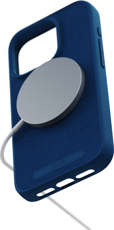 Kapak telefoni Njord Suede MagSafe për iPhone 15 Pro, blu