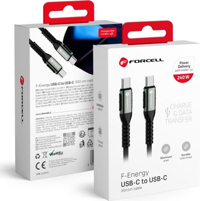Kabllo karikimi Forcell F-energy C263, Type C në Type C, 240W 5A, 3 metra, e zezë