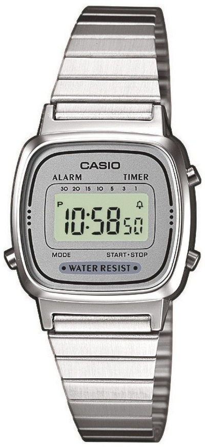 Orë dixhitale Casio Vintage LA670WEA 7EF, çelik inox, rezistente ndaj ujit, argjendtë