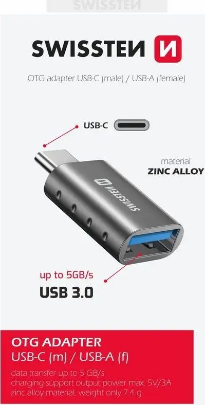 Përshtatës OTG Swissten, USB C në USB A, 3.2 Gen 2, argjendtë