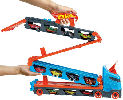 Pistë garash transformuese Hot Wheels GVG37, transportues kamion, me 3 vetura