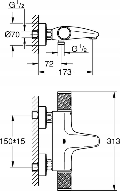 Rubinet termostatik për banjo Grohe Precision Feel 34788000, mur, për vaskë edhe dush, krom