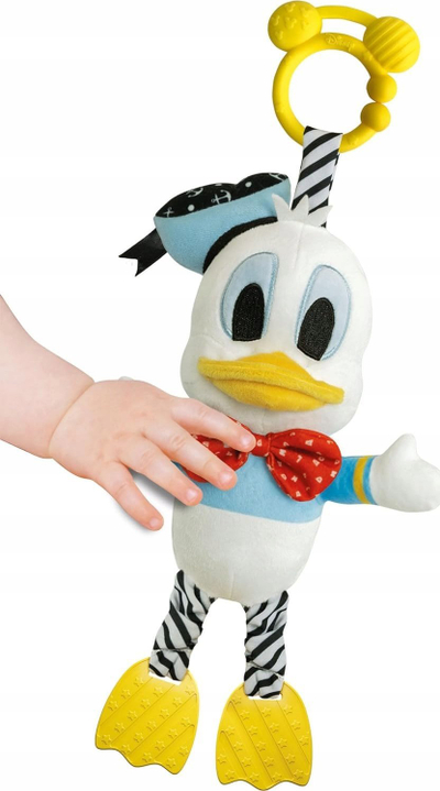 Lodër pelushi Clementoni Disney Baby Donald First Activities, 6+ muajsh, me zile dhe kapëse për karrocë, shumëngjyrëshe