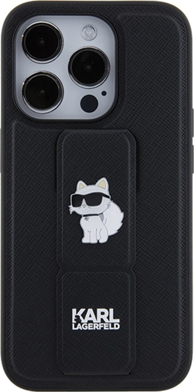 Mbulesë telefoni Karl Lagerfeld Gripstand Saffiano Choupette Pins, për iPhone 14 Pro, e zezë