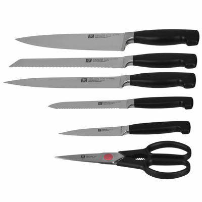 Set thikash kuzhine Zwilling Four Star 35145-000-0, bllok druri, 5 thika me gërshërë, doreza të zeza