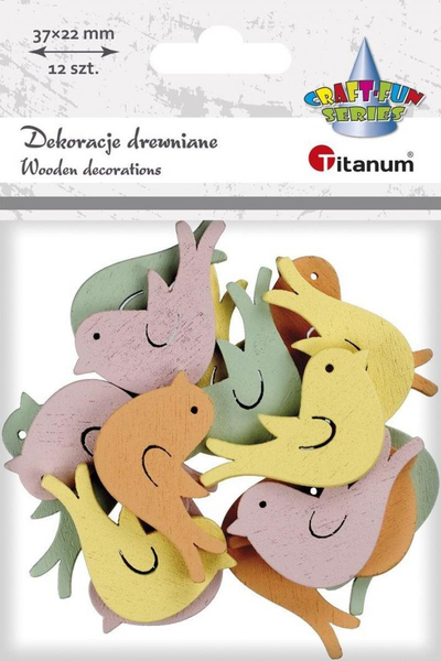 Figura druri për zbukurim Titanum Wooden Pastel Birds, 37x22mm, set me 12 copë, ngjyra pastel shumëngjyrëshe